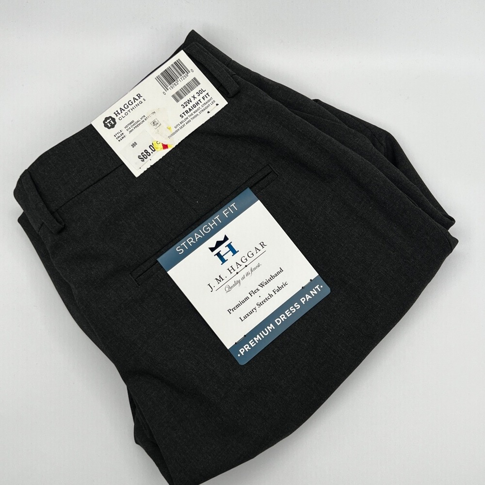 Haggar Dress Pants Mens 32x30 Charcoal Grey Straight Flex‎ Stretch Business NEW